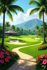 Fototapeta premium Serene Tropical Golf Course Path Leading to Clubhouse with Lush Landscaping and Mountain View