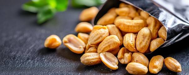 Obraz premium Roasted Peanuts Spilling From Bag on Dark Surface