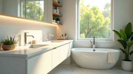 Modern minimalist bathroom design with a freestanding bathtub, sleek double vanity, and abundant natural light streaming through a large window showcasing lush green foliage outside