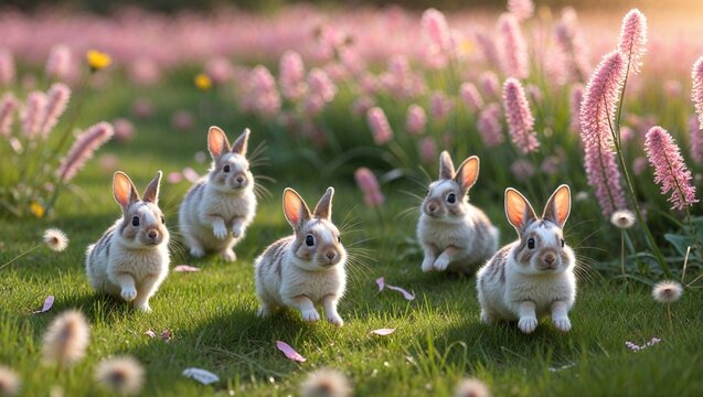 A group of adorable bunnies hops joyfully across a lush green field filled with blooming pink flowers during a warm, golden sunset. Their playful antics create a charming atmosphere