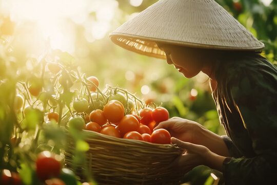 Under the bright sunlight, a woman in a straw hat carefully picks ripe red tomatoes from lush green plants, placing them into a wicker basket with gentle hands