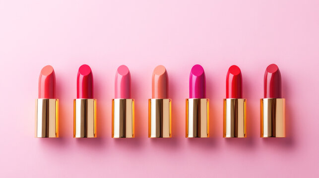 Colorful lipstick collection on pink background