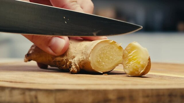 Ginger root and sliced on old plank with nature background. Close-up, food texture, tea lemonade ingredient in bar.