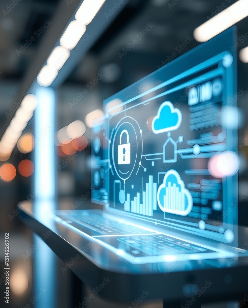 Poster a futuristic laptop screen showing a cyber security concept, with digital lock and cloud data storag