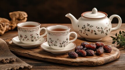 A traditional tea set and dates for Iftar on a wooden table.