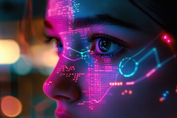 Close-up of a woman's face with neon digital data overlay, futuristic and vibrant.