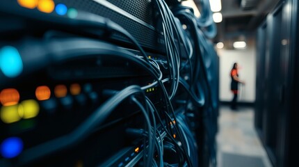 close-up of server rack with cables in data center. A technician is standing in the background.