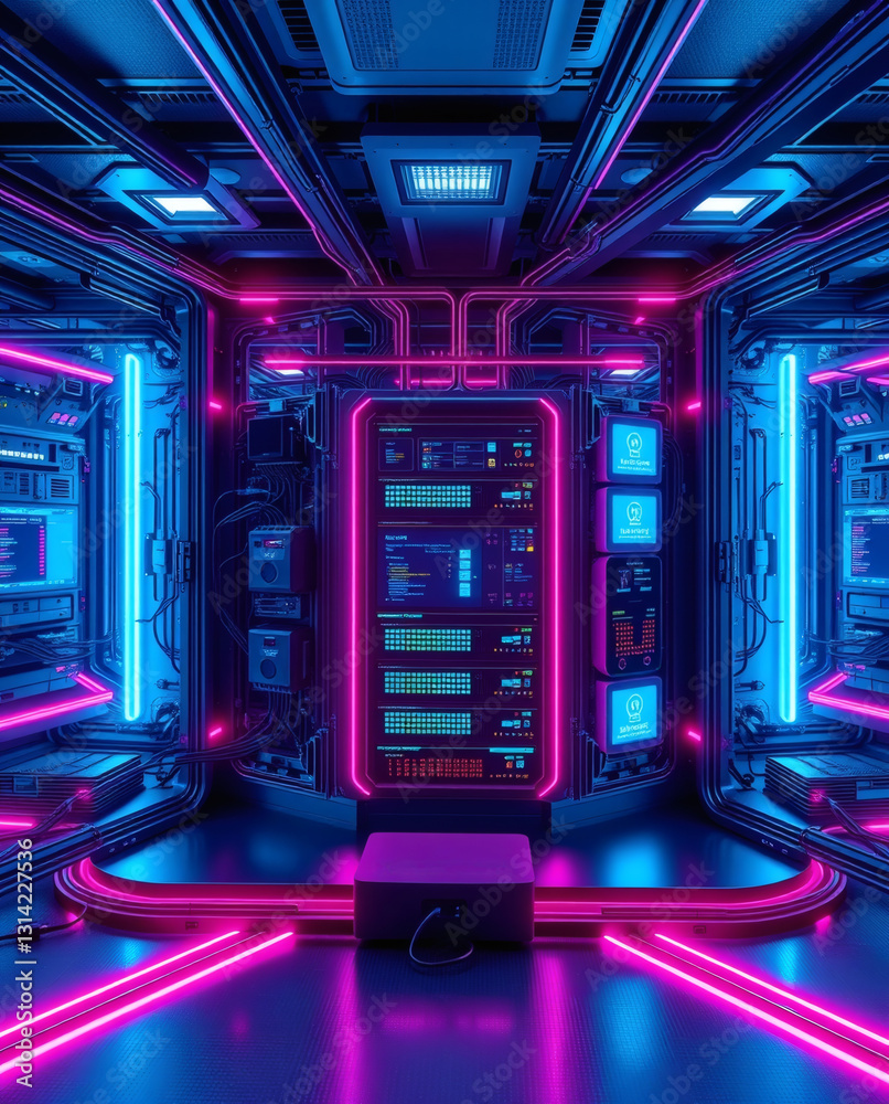 Poster futuristic computer room with glowing neon lights, creating a high-tech and dynamic atmosphere. The room features advanced technology and data
