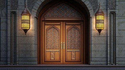 Obraz premium An ornate wooden door with Islamic patterns and Ramadan decorations.