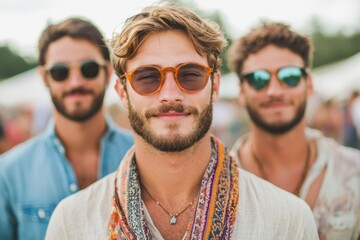Obraz premium Bohemian Festival Fashion, Stylish Boho Men in Sunglasses at Outdoor Event Embracing Trendy Fashion Vibes