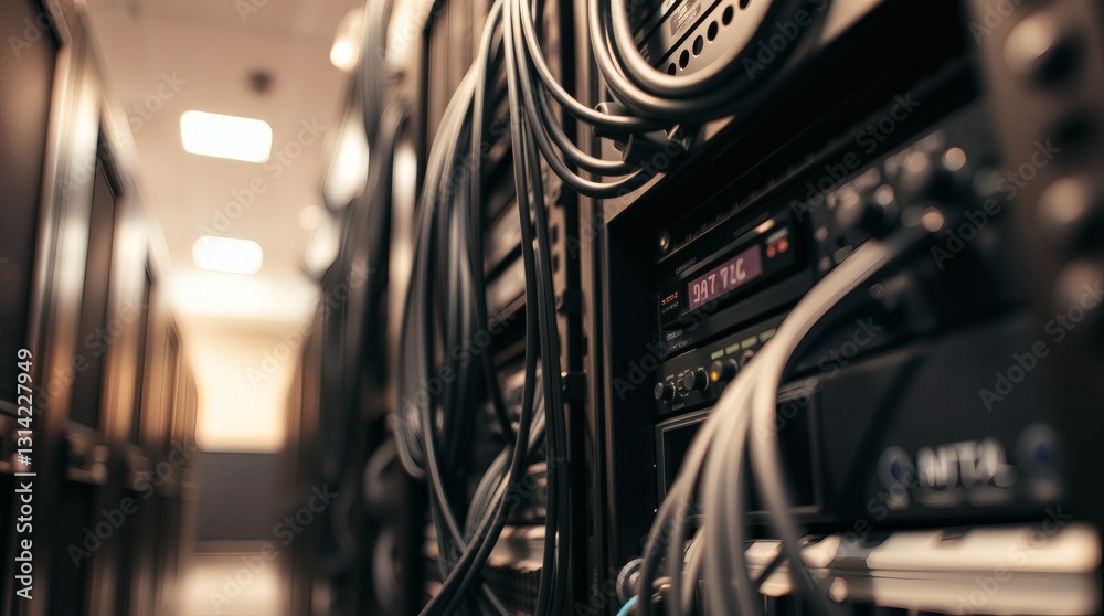Poster server room, server racks filled with networking equipment and cables, showcasing the complexities of data storage and communication