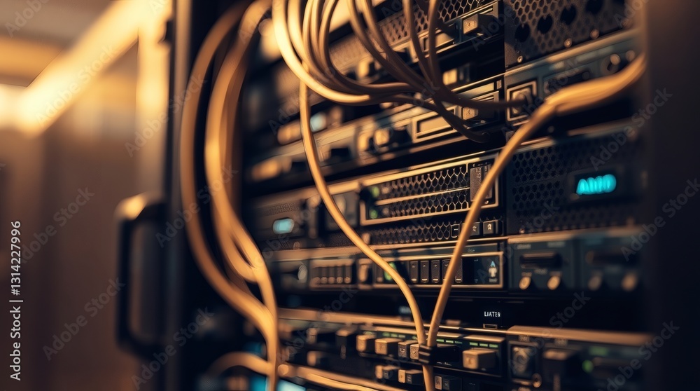 Poster server rack with numerous cables and connections. Close up shot showing detail and complexity