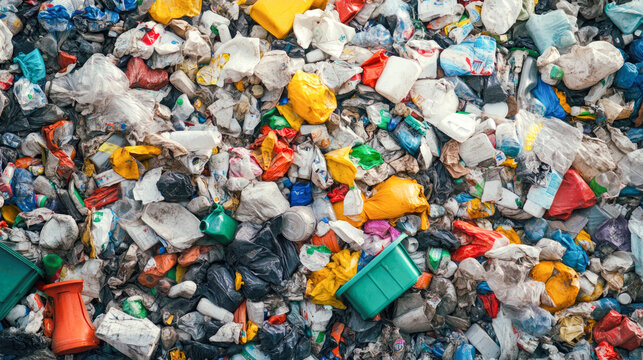 Heap of colorful plastic waste at recycling facility