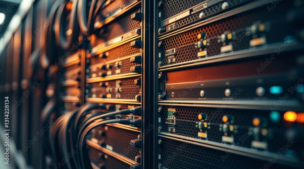 Poster close up of a server room with cables and technology rack