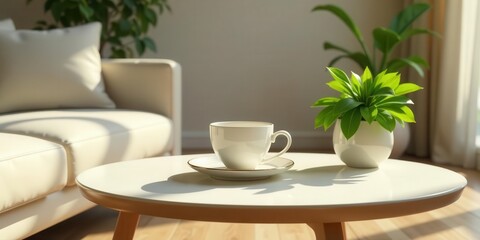 Fototapeta premium Serene Living Room Setting with a Coffee Cup and Potted Plant on a Side Table