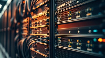 close up of a server room with cables and technology rack