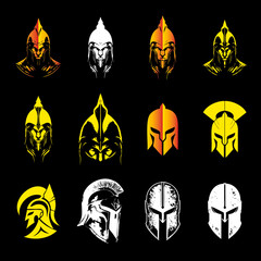 Spartan Warrior Helmet Logo Set, Ancient Greek Gladiator Emblems, Bold Military and Tactical Vector Illustrations, Historical Battle Symbols for Branding and Gaming