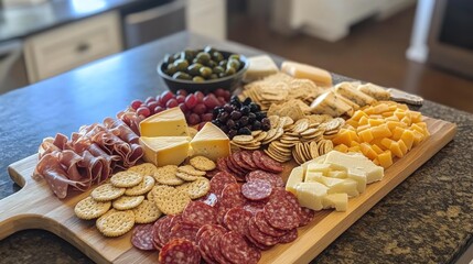 Fototapeta premium Gourmet charcuterie board with assorted cheeses, meats, crackers, and fruits