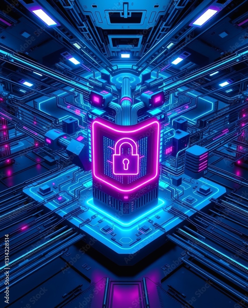 Poster an illuminated cybersecurity shield, symbolizing protection and security, set against a neon-lit dig