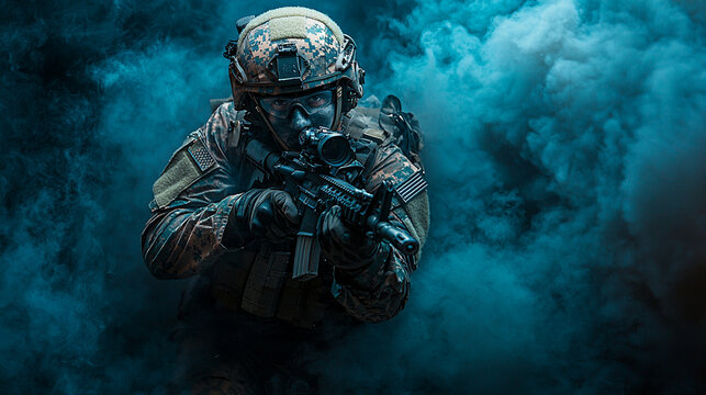Dynamic shot of soldier in full tactical gear, running through smoke