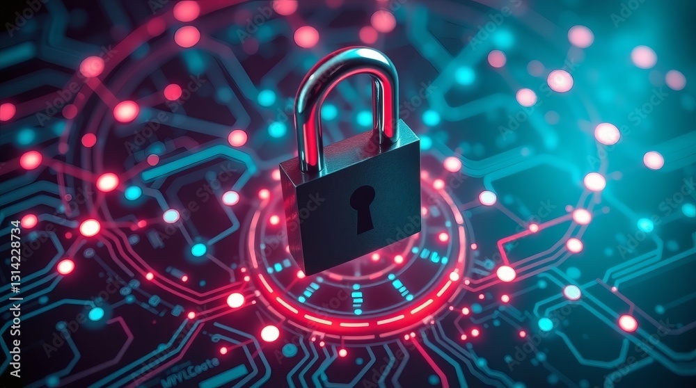 Aufkleber a secure padlock resting on a circuit board with a glowing red and blue light
