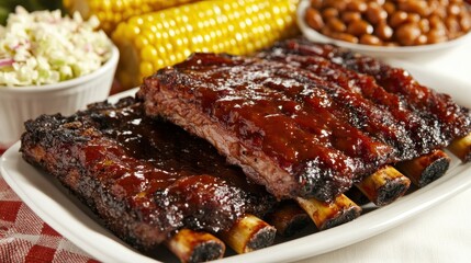 Juicy barbecue ribs on a plate, flavorful sauce glistening, served with coleslaw and corn, perfect for a summer feast.