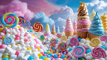 A delightful landscape filled with towering ice cream cones and colorful lollipops surrounded by mounds of pastel marshmallows and candy. The enchanting sky adds to its charm