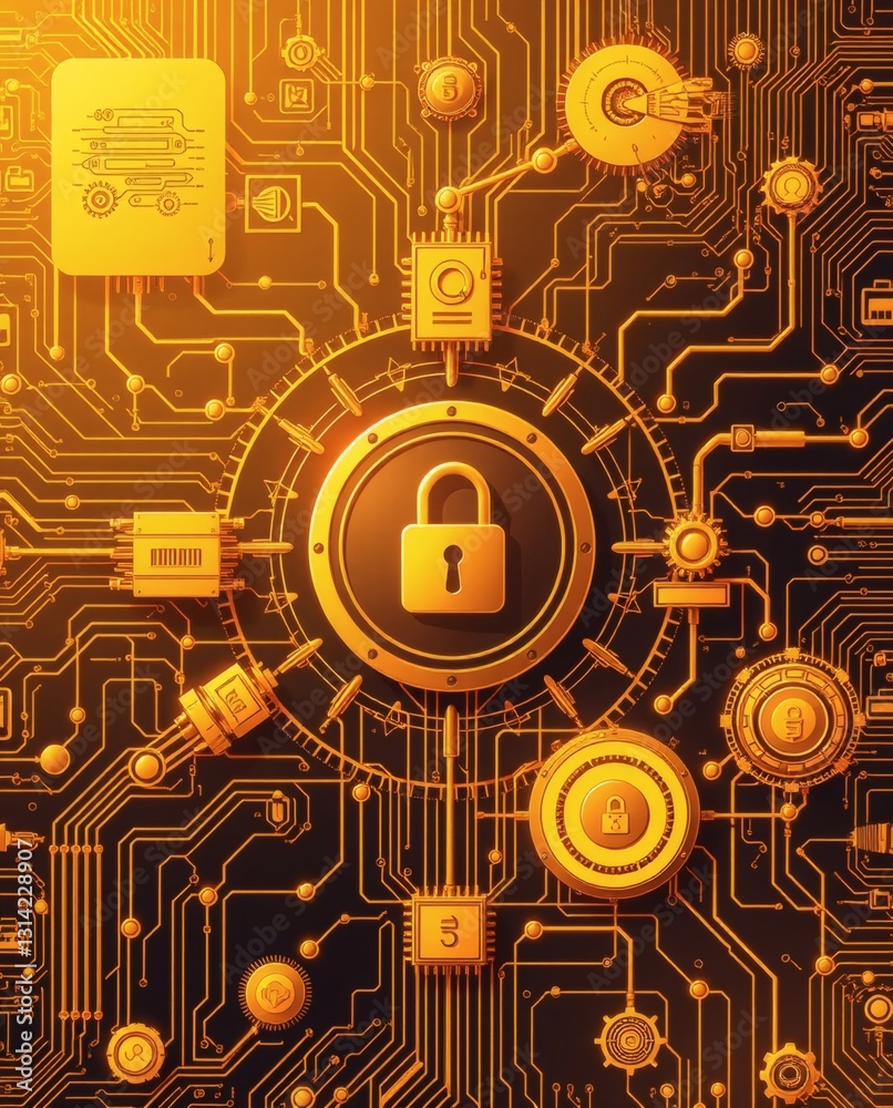 Aufkleber a golden padlock icon set in the center of a complex circuit board, symbolizing digital security and