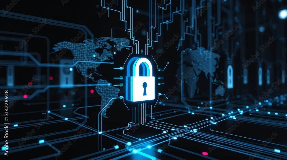 Poster a digital security concept with a glowing padlock at the center, representing protection against cyb