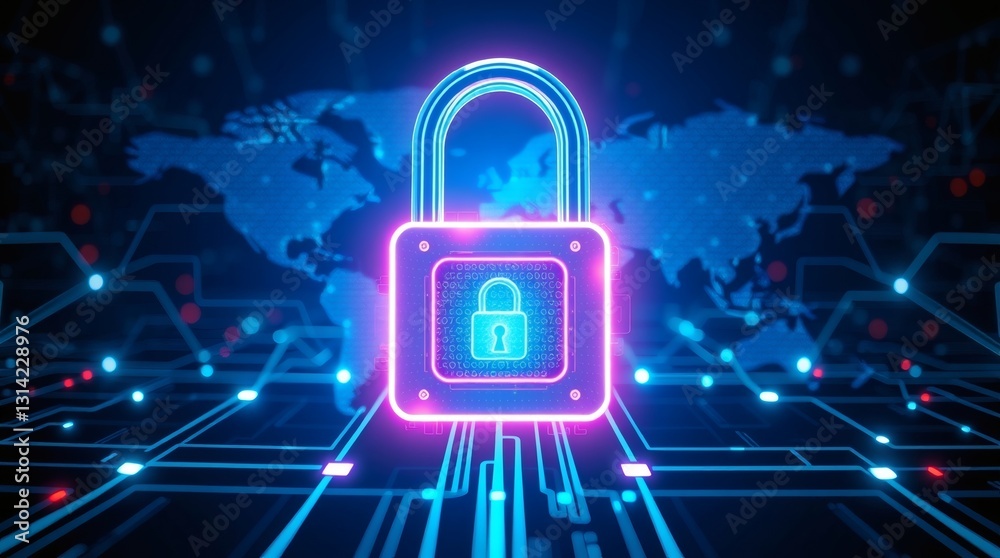 Aufkleber cybersecurity concept with glowing padlock and a digital world map on a tech circuit board