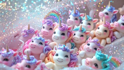 Fototapeta premium A collection of adorable unicorn figurines in various pastel colors sits together, sparkling under soft lighting. Each figurine has a unique expression and hairstyle, enhancing their charm