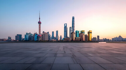 Fototapeta premium Panoramic Twilight View of Shanghai Skyline with Illuminated Skyscrapers and Oriental Pearl Tower from Empty Plaza by Huangpu River