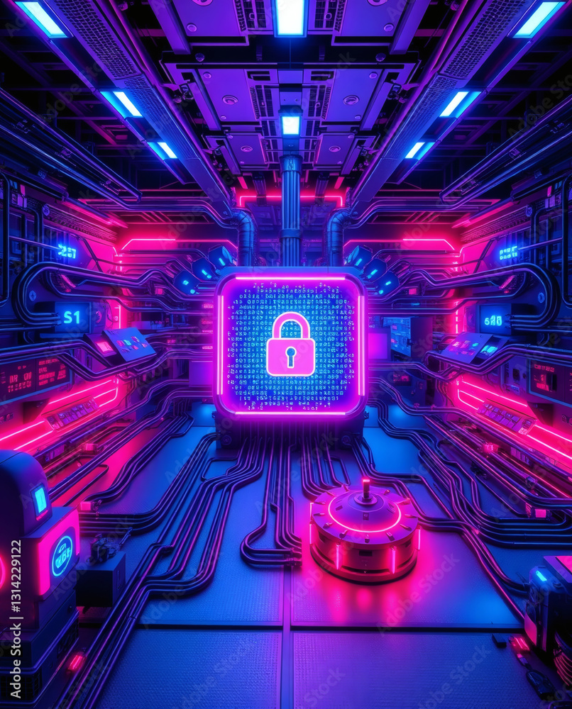 Poster a futuristic digital security with padlock displayed in center