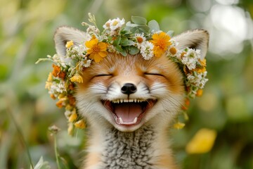 Summer happiness. Cute baby animal fox wearing savage flower wreath on its head. Sunny daylight. Wild animal enjoying sunshine. Wild creature with soft floral accents. Gentle wilderness momen.