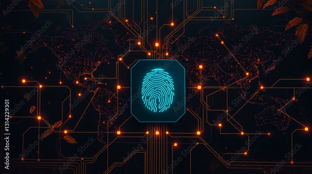 Poster a digital fingerprint on circuit board. it symbolizes security and technology