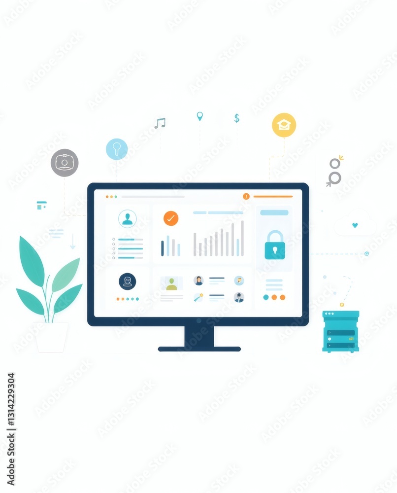 Poster a modern computer screen displaying a user interface with various icons and data visualizations