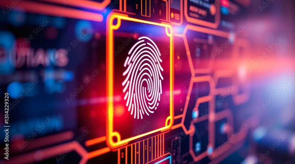 Poster digital fingerprint on a circuit board, highlighting the concept of cybersecurity and data protectio