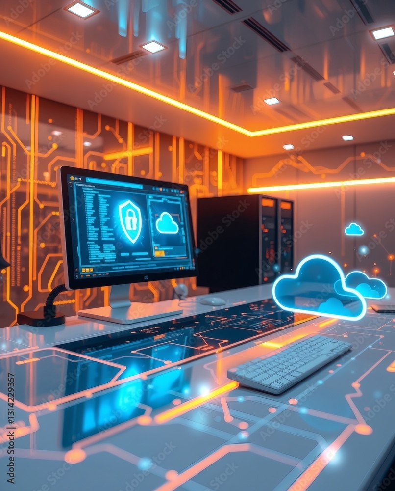 Poster a modern workspace with a computer and cloud computing elements, highlighting technology and data security 