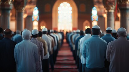 A group of men stand in prayer inside a large building