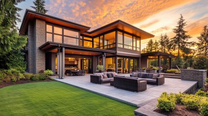 Obraz premium Modern Luxury Home with Spacious Patio at Sunset, Embracing Golden Hour Warmth and Elegance