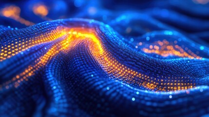 Vibrant Blue and Orange Flowing Waves with Digital Texture and Glowing Elements in Abstract Background