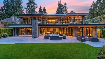 Modern Luxury Home with Spacious Patio at Sunset, Embracing Golden Hour Warmth and Elegance