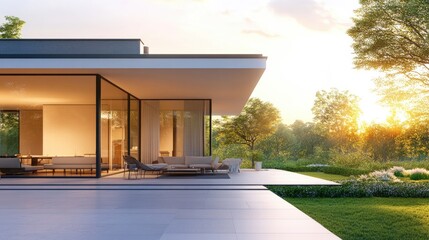 Modern Luxury Home with Spacious Patio at Sunset, Embracing Golden Hour Warmth and Elegance