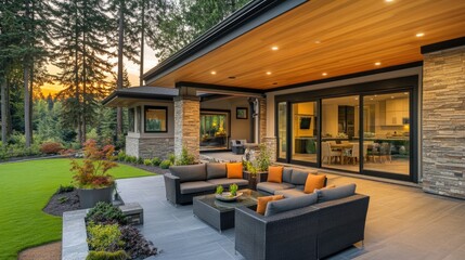 Modern Luxury Home with Spacious Patio at Sunset, Embracing Golden Hour Warmth and Elegance