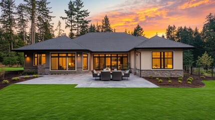 Modern Luxury Home with Spacious Patio at Sunset, Embracing Golden Hour Warmth and Elegance