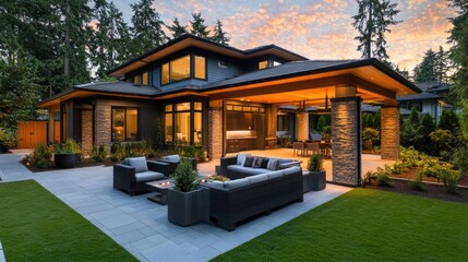 Modern Luxury Home with Spacious Patio at Sunset, Embracing Golden Hour Warmth and Elegance