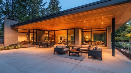 Modern Luxury Home with Spacious Patio at Sunset, Embracing Golden Hour Warmth and Elegance