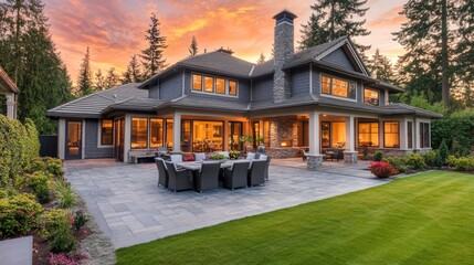 Modern Luxury Home with Spacious Patio at Sunset, Embracing Golden Hour Warmth and Elegance