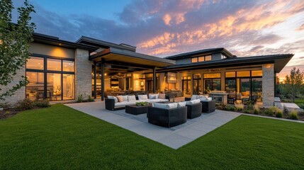 Modern Luxury Home with Spacious Patio at Sunset, Embracing Golden Hour Warmth and Elegance