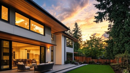 Modern Luxury Home with Spacious Patio at Sunset, Embracing Golden Hour Warmth and Elegance